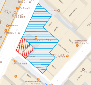 ホテル建設予定地の地図。青斜線が26年末取得、赤斜線が追加取得